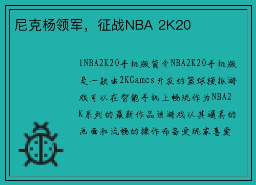尼克杨领军，征战NBA 2K20